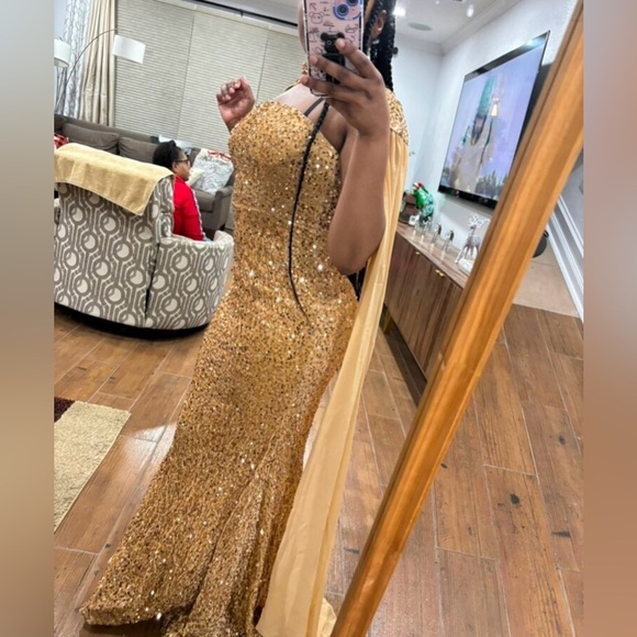 Elegant Long Champagne Draped Sequin Cape & Mermaid Dress Wedding Party Prom - Picture 8 of 8